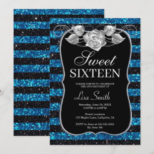 Invitación Elegante Moda Purpurina azul negro Rosa dulce 16