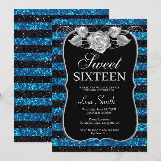 Invitación Elegante Moda Purpurina azul negro Rosa dulce 16