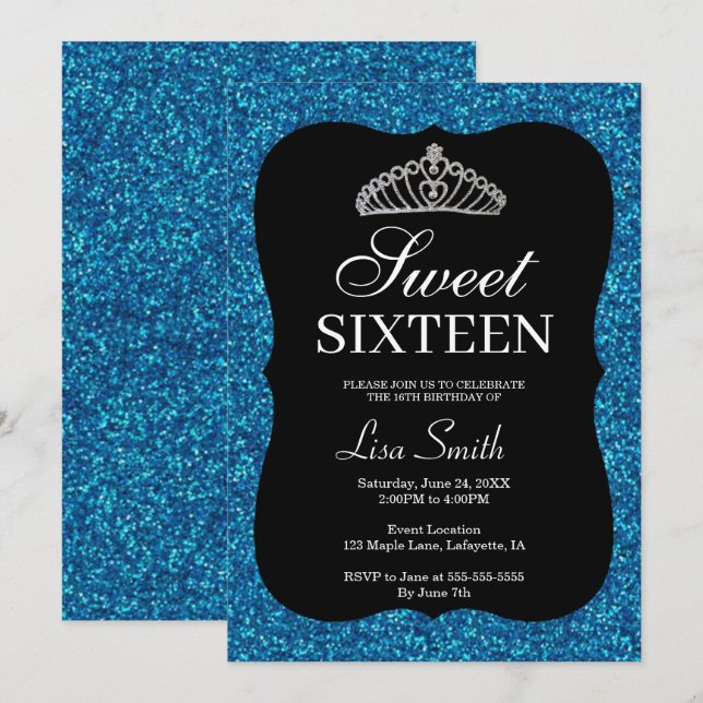 Invitación Elegante Moda Purpurina azul Tiara Sweet 16 (Anverso / Reverso)