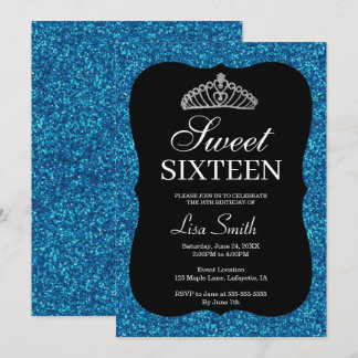 Invitación Elegante Moda Purpurina azul Tiara Sweet 16