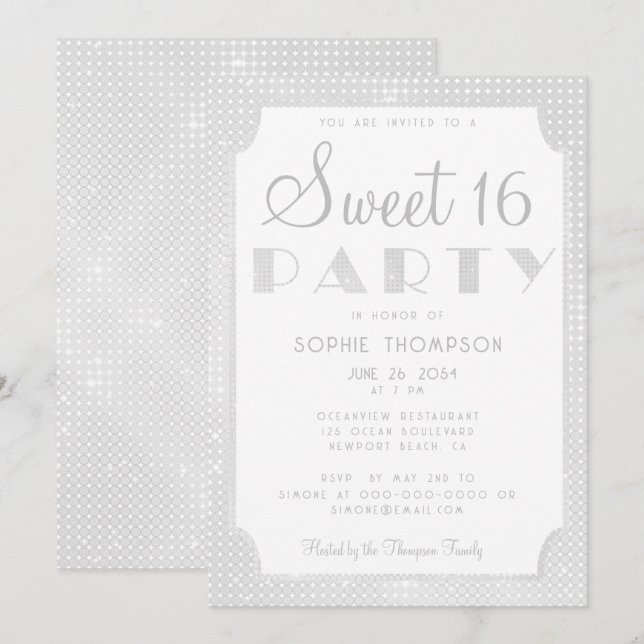 Invitación Elegante Moda Purpurina blanco secuelas dulces 16  (Anverso / Reverso)