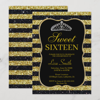 Invitación Elegante Moda Purpurina de oro negro Tiara Sweet 1