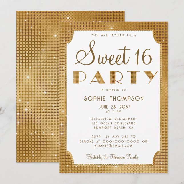 Invitación Elegante Moda Purpurina de oro secuelas dulces 16  (Anverso / Reverso)