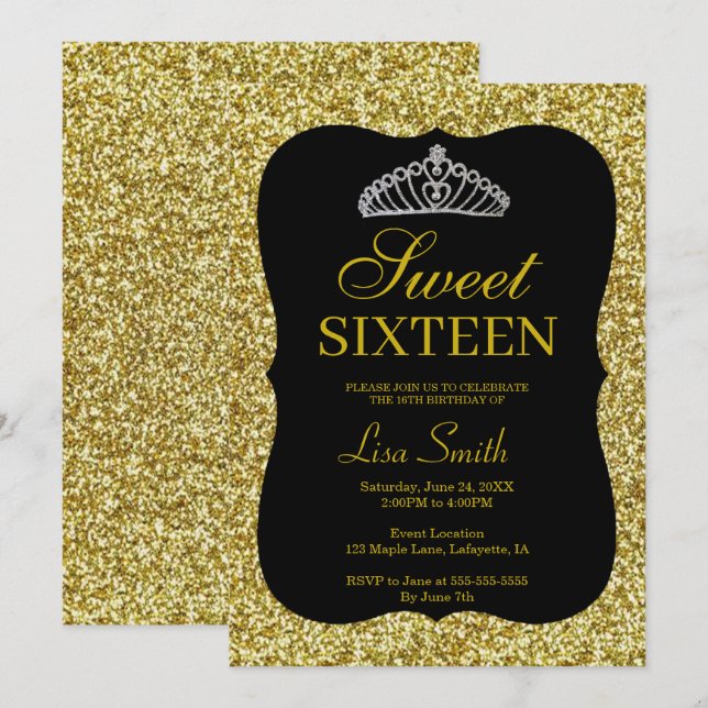 Invitación Elegante Moda Purpurina de oro Tiara Sweet 16 (Anverso / Reverso)