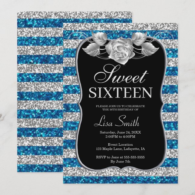 Invitación Elegante Moda Purpurina de Plata Azul Rosa Dulce 1 (Anverso / Reverso)