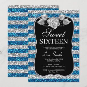 Invitación Elegante Moda Purpurina de Plata Azul Rosa Dulce 1