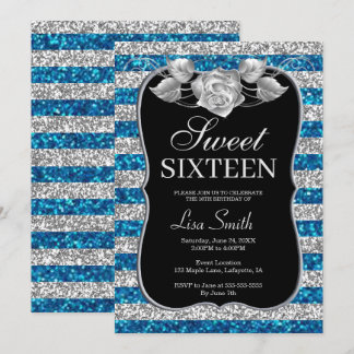 Invitación Elegante Moda Purpurina de Plata Azul Rosa Dulce 1