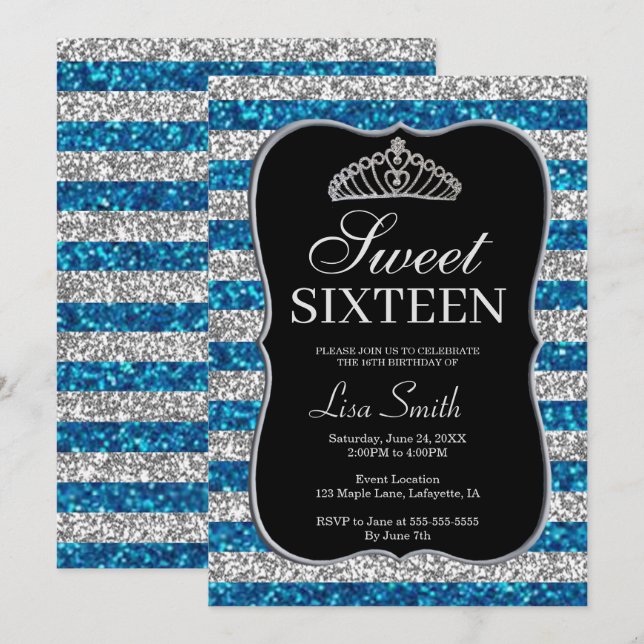 Invitación Elegante Moda Purpurina de plata azul Tiara Sweet  (Anverso / Reverso)