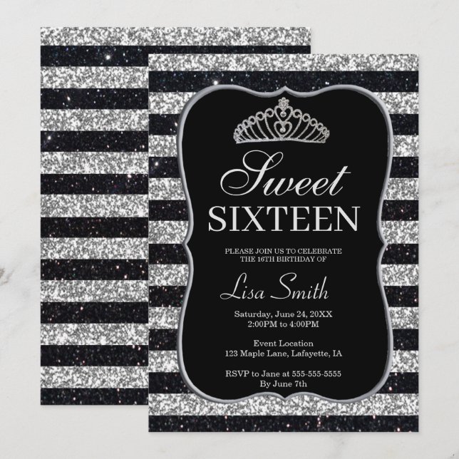 Invitación Elegante Moda Purpurina de plata negra Tiara Sweet (Anverso / Reverso)