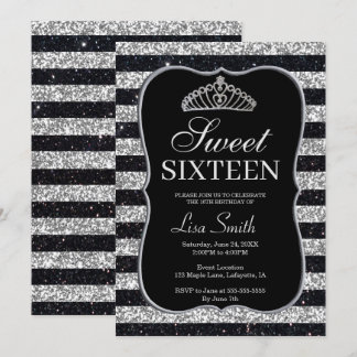 Invitación Elegante Moda Purpurina de plata negra Tiara Sweet