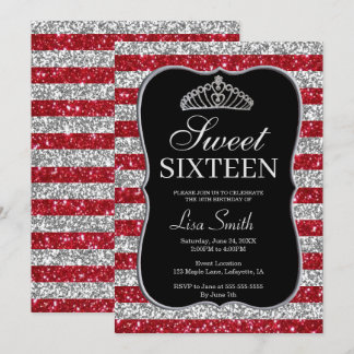 Invitación Elegante Moda Purpurina de plata roja Tiara Sweet