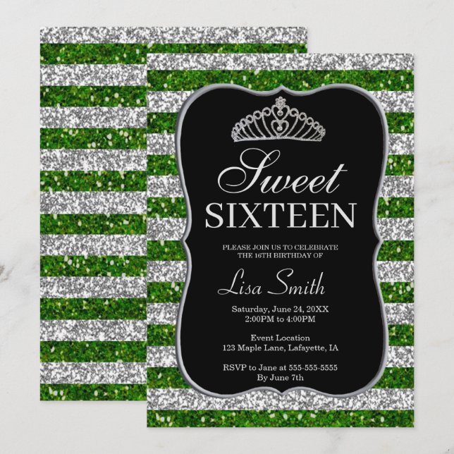 Invitación Elegante Moda Purpurina de plata verde Tiara Sweet (Anverso / Reverso)