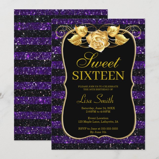 Invitación Elegante Moda Purpurina morado negro Rosa dulce 16 (Anverso / Reverso)
