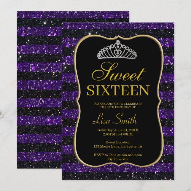 Invitación Elegante Moda Purpurina morado negro Tiara Sweet 1 (Anverso / Reverso)