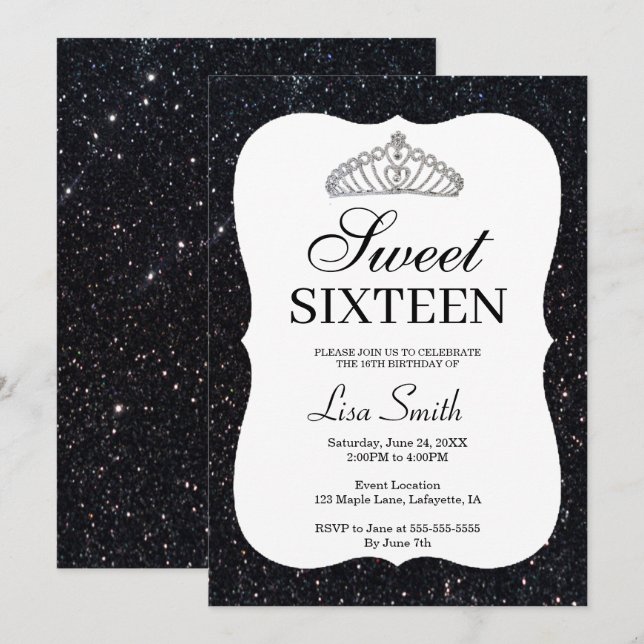 Invitación Elegante Moda Purpurina negro Tiara Sweet 16 (Anverso / Reverso)