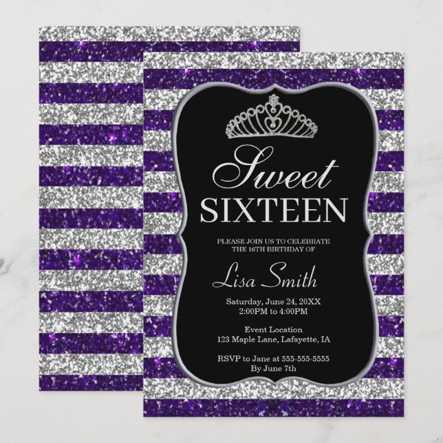 Invitación Elegante Moda Purpurina Plata Púrpura Tiara Sweet  (Anverso / Reverso)