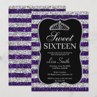 Invitación Elegante Moda Purpurina Plata Púrpura Tiara Sweet