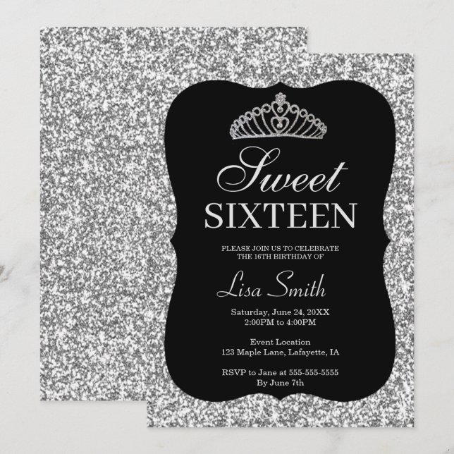 Invitación Elegante Moda Purpurina Plata Tiara Sweet 16 (Anverso / Reverso)