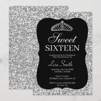 Invitación Elegante Moda Purpurina Plata Tiara Sweet 16