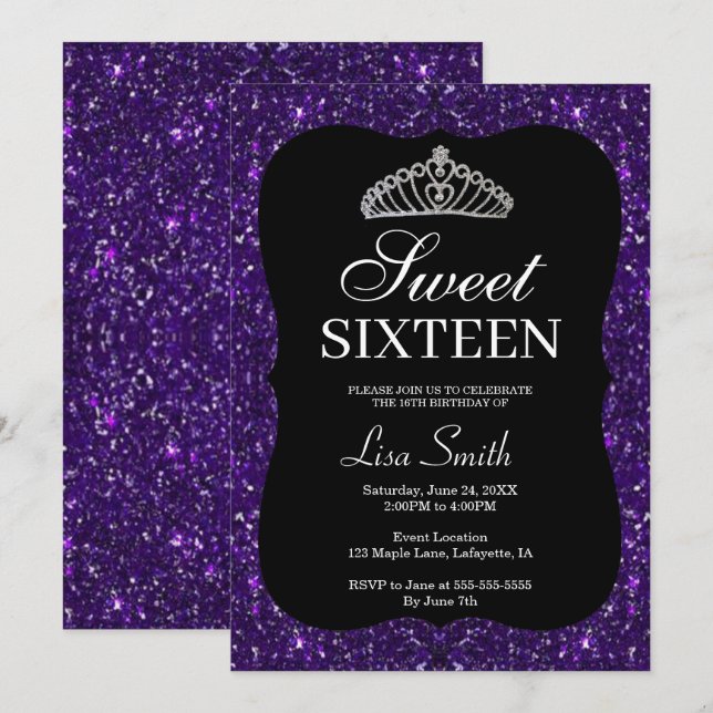 Invitación Elegante Moda Purpurina púrpura Tiara Sweet 16 (Anverso / Reverso)