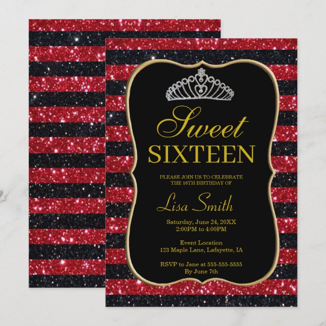 Invitación Elegante Moda Purpurina rojo negro Tiara Sweet 16 (Anverso / Reverso)