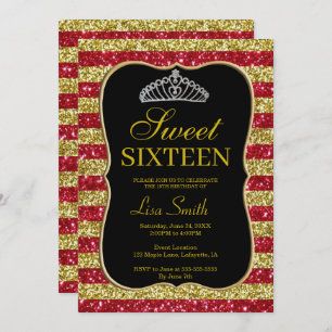 Invitación Elegante Moda Purpurina Rojo Oro Tiara Sweet 16