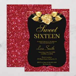Invitación Elegante Moda Purpurina Rojo Rosa de oro dulce 16