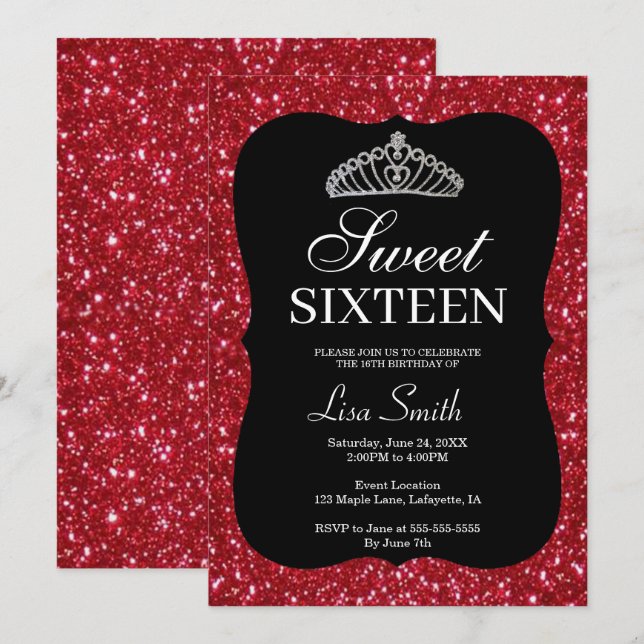 Invitación Elegante Moda Purpurina Rojo Tiara Sweet 16 (Anverso / Reverso)