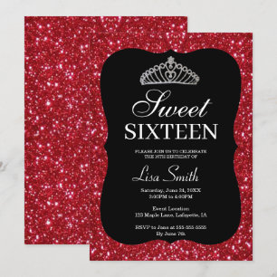 Invitación Elegante Moda Purpurina Rojo Tiara Sweet 16