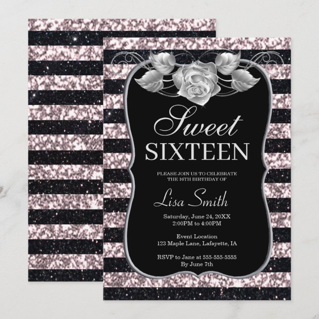 Invitación Elegante Moda Purpurina rosa negro Rosa dulce 16 (Anverso / Reverso)