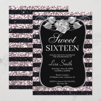 Invitación Elegante Moda Purpurina rosa negro Rosa dulce 16