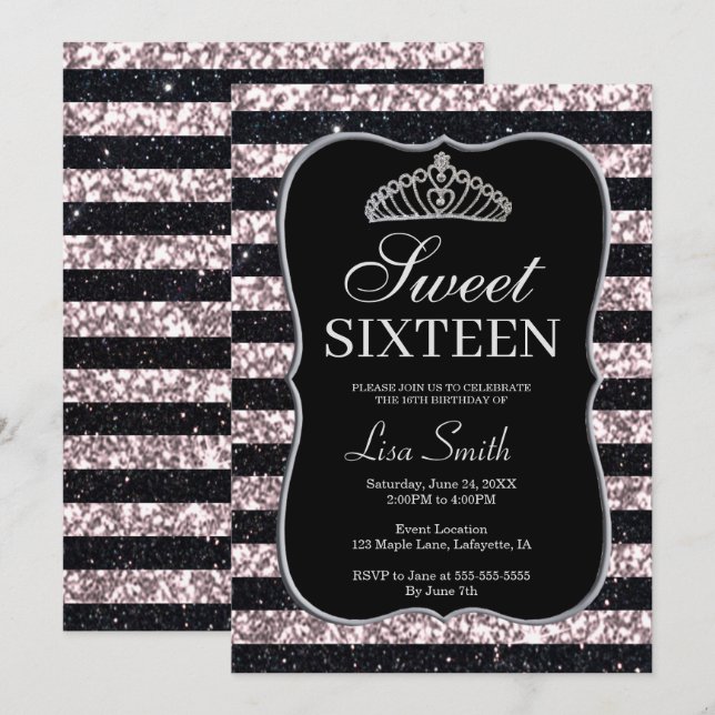 Invitación Elegante Moda Purpurina rosa negro Tiara Sweet 16 (Anverso / Reverso)