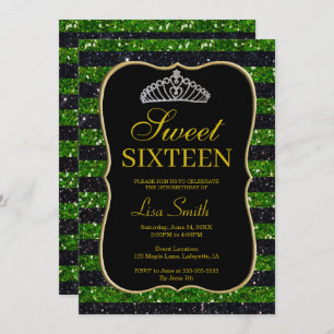 Invitación Elegante Moda Purpurina verde negro Tiara Sweet 16