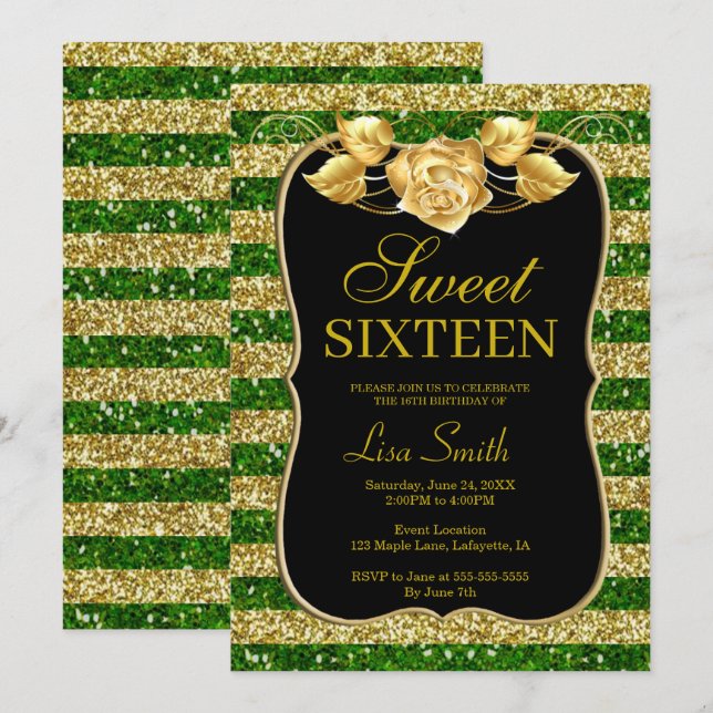 Invitación Elegante Moda Purpurina Verde Oro Rosa Dulce 16 (Anverso / Reverso)