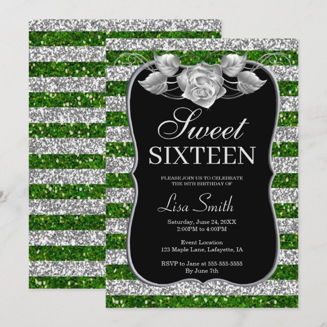 Invitación Elegante Moda Purpurina Verde Plata Rosa Dulce 16 (Anverso / Reverso)