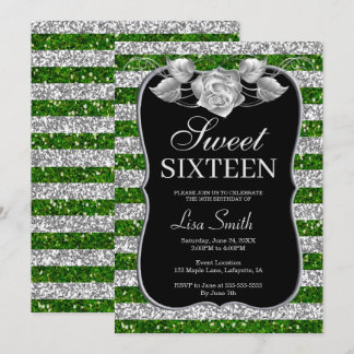 Invitación Elegante Moda Purpurina Verde Plata Rosa Dulce 16