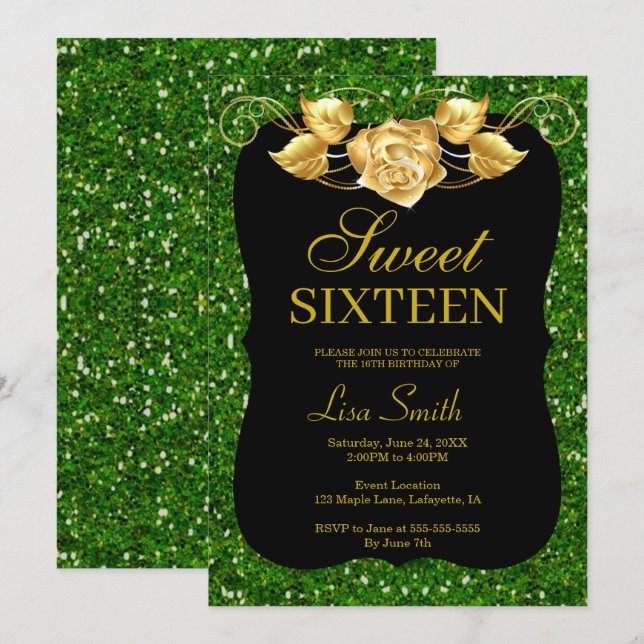 Invitación Elegante Moda Purpurina Verde Rosa de oro dulce 16 (Anverso / Reverso)