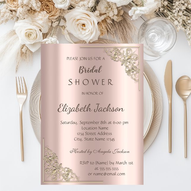 Invitación Elegante Moda Rosa de marco dorado ducha de novia  (Subido por el creador)