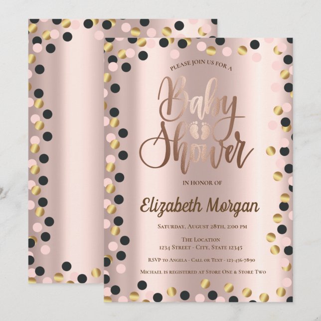Invitación Elegante Moda Rosa de puntos de oro Baby Shower (Anverso / Reverso)