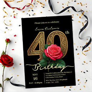 Invitación Elegante Moda Rosa Roja y Oro Número 40 cumpleaños