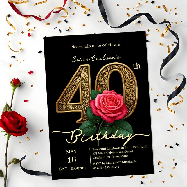 Invitación Elegante Moda Rosa Roja y Oro Número 40 cumpleaños (Subido por el creador)