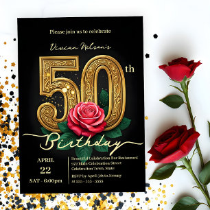 Invitación Elegante Moda Rosa Roja y Oro Número 50 cumpleaños