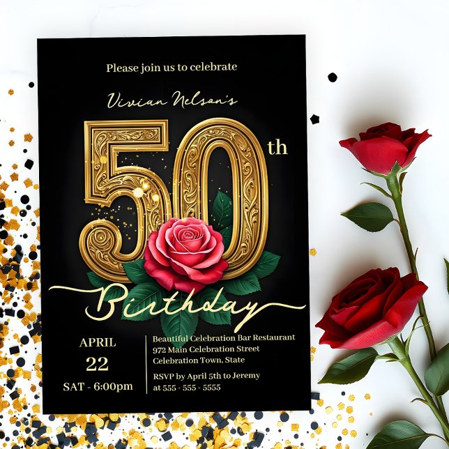 Invitación Elegante Moda Rosa Roja y Oro Número 50 cumpleaños (Subido por el creador)