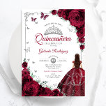 Invitación Elegante Moda Rosas de Borgoña Floral Quinceanera<br><div class="desc">Invitación a la celebración de Quinceanera en color rojo, plata y blanco. Cuenta con chica de morena en vestido de bata de bola, fuente de guión, mariposas plateadas, rosas rojas oscuras y tiara. Perfecto para una elegante celebración de glam al estilo de la princesa. Personaliza con tus propios detalles. Invitaciones...</div>