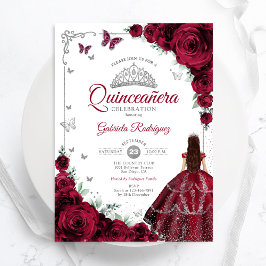 Invitación Elegante Moda Rosas de Borgoña Floral Quinceanera