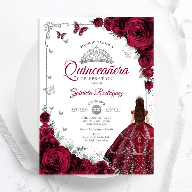 Invitación Elegante Moda Rosas de Borgoña Floral Quinceanera (Subido por el creador)