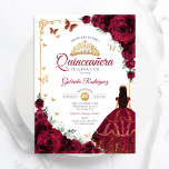 Invitación Elegante Moda Rosas de Borgoña Gold Quinceanera<br><div class="desc">Invitación a la celebración de la Quinceanera blanca, dorada y blanca. Cuenta con chica de morena en vestido de bata de bola, fuente de guión, mariposas doradas, rosas rojas oscuras y tiara. Perfecto para una elegante celebración de glam al estilo de la princesa. Personaliza con tus propios detalles. Invitaciones Zazzle...</div>