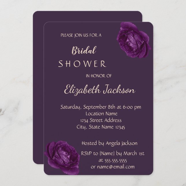 Invitación Elegante Moda Rosas púrpura ducha de novia (Anverso / Reverso)