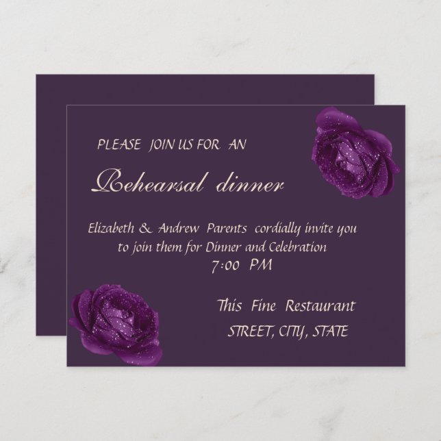Invitación Elegante Moda Rosas púrpura ensayar cena (Anverso / Reverso)