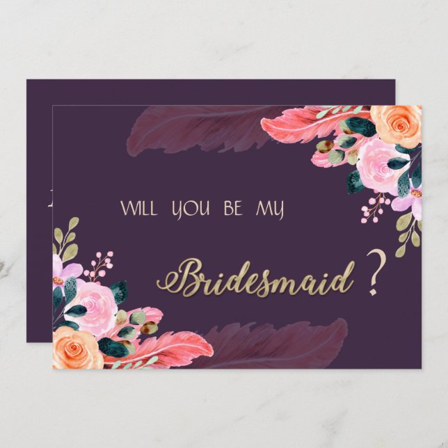 Invitación Elegante Moda Rosas púrpura pluma (Anverso / Reverso)